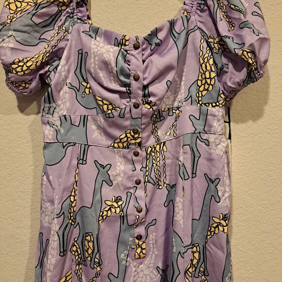 Unique Vintage Dress Purple Wild Hearts Run Free Giraffe Print Midi L 10-12 New - Picture 4 of 10